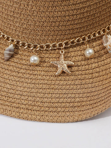Starfish & Faux Pearl Decor Straw Cowboy Hat
