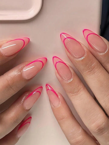 24PCS Long Almond Shaped Wearing Armor Simple Pink French Edge False Nail Sheet with Rubbing Strips, One Jelly Gel Piece