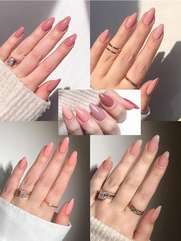 4Colors (96 Pcs) Warmly Pink Nude Solid Shiny Colors Design Natural Looking Press on Nails Medium Fake Nails Almond Nails Set with Storage box & 1sheet Tape & 1pc Nail File