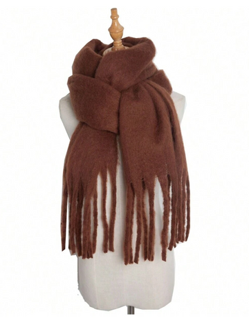 1pc Ladies' Handmade Knitted Thick Tassels Scarf/shawl With Solid Color