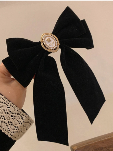 1pc/set Black Bow Hair Clip With Rose Flower Embellishment