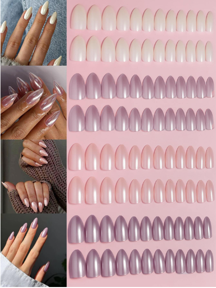 4Colors (96 Pcs) Pearl Color Press on Nails Fake Nail Glossy Almond Shape Medium Length Full Cover Removable Wear False Nails, Nail Art DIY Set(Purple Pearl) & 1sheet Tape & 1pc Nail File