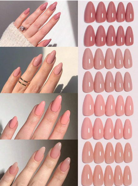 4Colors (96 Pcs) Warmly Pink Nude Solid Shiny Colors Design Natural Looking Press on Nails Medium Fake Nails Almond Nails Set with Storage box & 1sheet Tape & 1pc Nail File