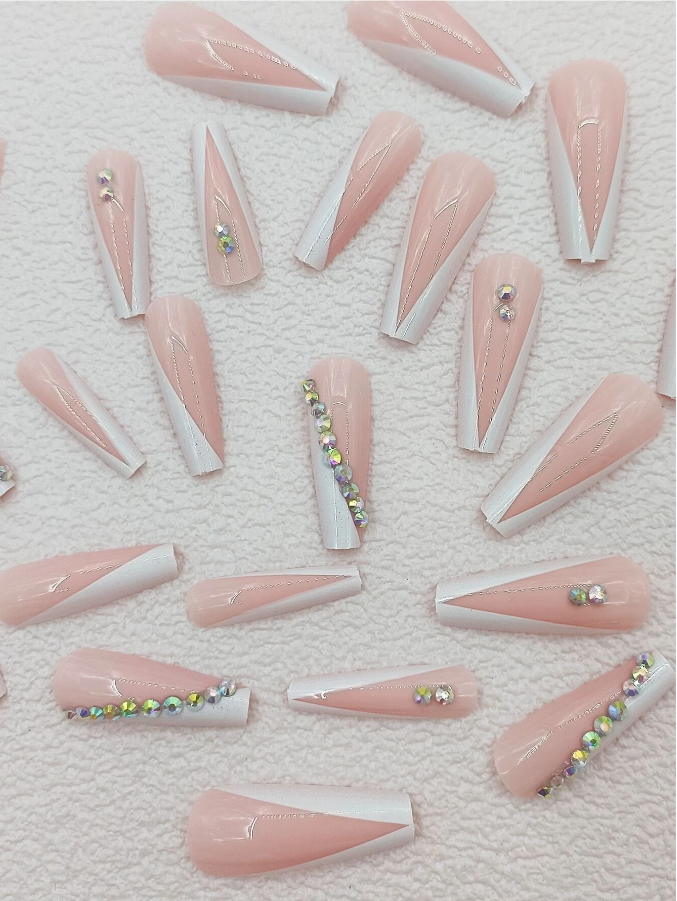 24pcs Long Coffin White French Rhinestones Decor Fake Nail & 1sheet Tape & 1pc Nail File