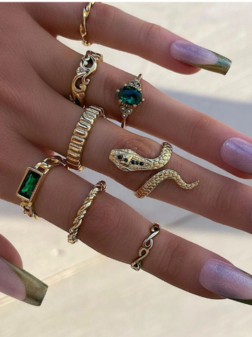 Style Faux Gemstone Ring For Women, High-end Ocean Wave Geometric Setting Rhinestone Ring For Index Finger, Open Snake Ring Set For Women (8pcs)