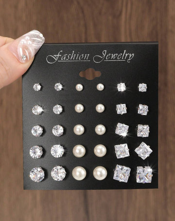 15pairs/set Cubic Zirconia & Faux Pearl Decor Stud Earrings