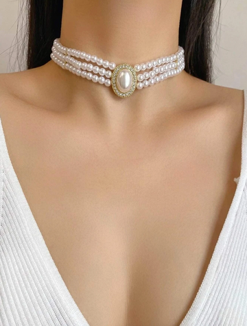 Rhinestone & Faux Pearl Decor Choker