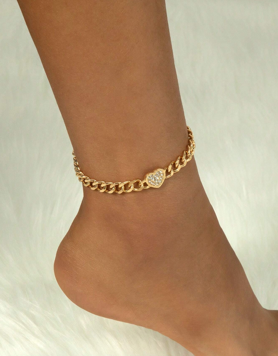 1pc Metallic Beach Style Thick Chain Anklet With Rhinestone & Heart Pendant For Women