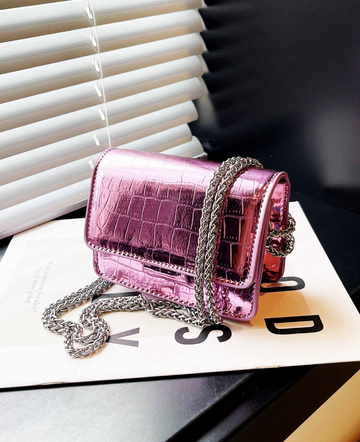 Mini Square Bag Metallic Crocodile Embossed Flap Chain Funky pink