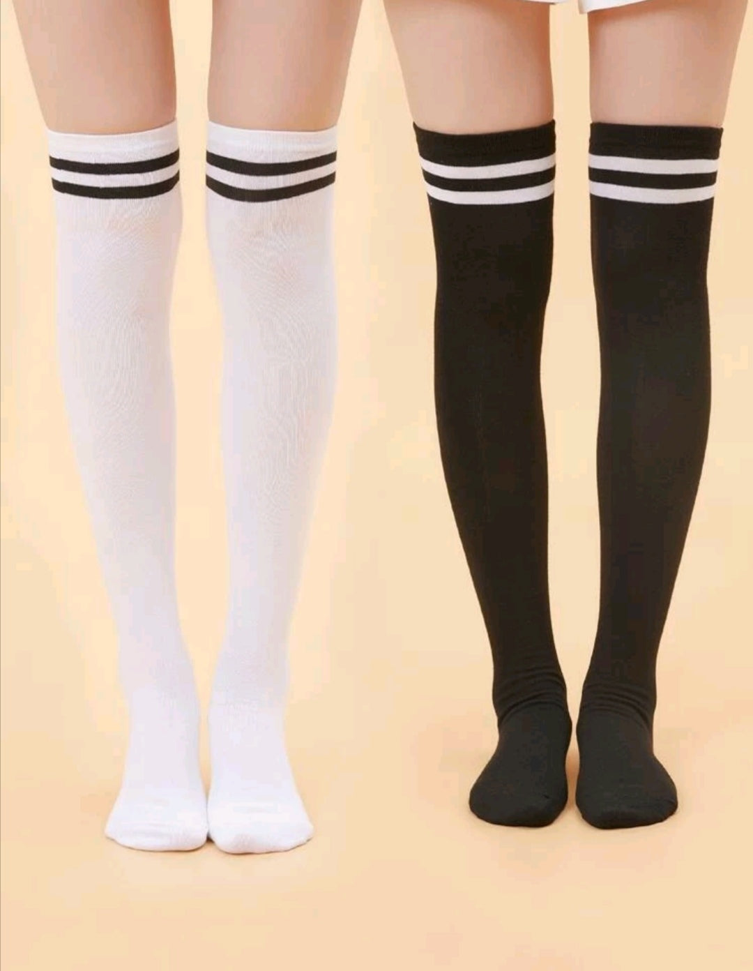 2pairs Striped Over The Knee Black & White Socks