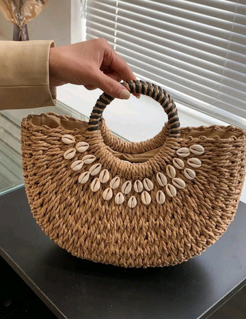 Shell Decor Straw Bag, Large Capacity Tote Bag For Work And Travel