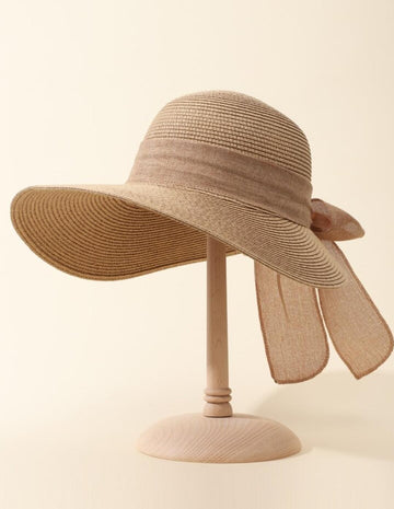 Women Solid Bow Decor Wide Brim Boho Straw Hat For Beach