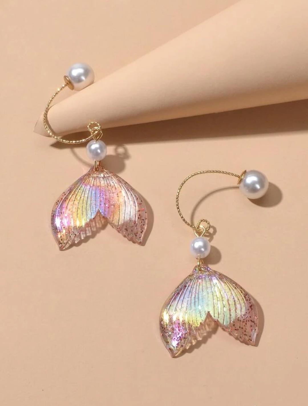 Faux Pearl Fish Tail Drop Earrings