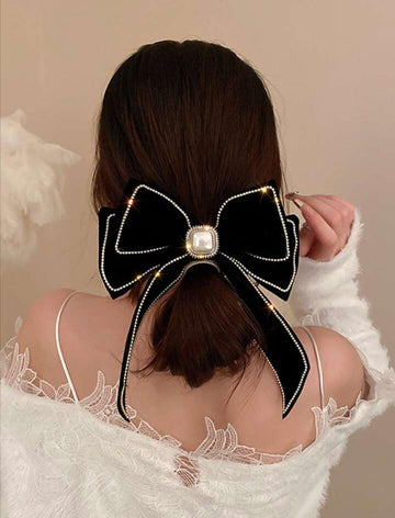 1pc Women Bow & Faux Pearl Decor Fashionable Hair Clip, For Decoration