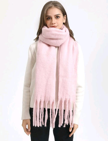 1pc Women's Pink Solid Ring Loop Yarn Tassel Imitation Cashmere Scarf, Suitable For Autumn And Winter Daily Wear