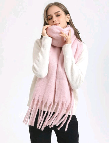 1pc Women's Pink Solid Ring Loop Yarn Tassel Imitation Cashmere Scarf, Suitable For Autumn And Winter Daily Wear