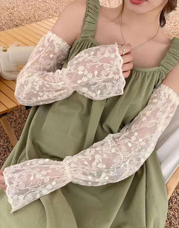 1pair Women Floral Embroidered Ruffle Trim Sun Protection Arm Sleeves For Outdoor