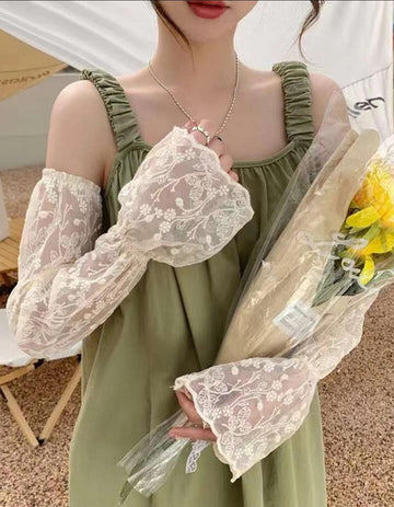 1pair Women Floral Embroidered Ruffle Trim Sun Protection Arm Sleeves For Outdoor