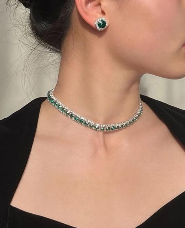 3pcs Vintage Dark Green Alloy & Rhinestone Jewelry Set Including Necklace And Earrings, Suitable For Women's Wedding, Birthday, Memorial, Party Wear