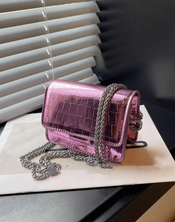 Mini Square Bag Metallic Crocodile Embossed Flap Chain Funky pink