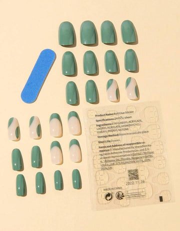 Get Glamorous with 24pcs Long Almond Green French Graphic Fake Nail & 1sheet Tape & 1pc Nail File