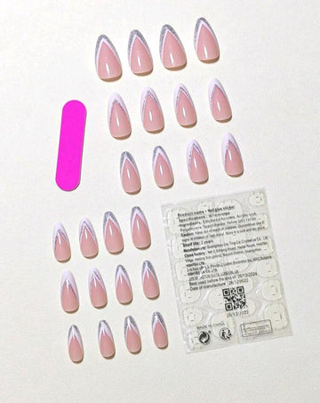 Get Glamorous with 24pcs/set Almond-Shaped White French Glitter Fake Nail Kit With 1pc Nail File & 1pc Nail Jelly Glue