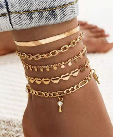 5pcs/Set Fashionable Heart Shaped Rhinestone Decor Key Charm Metal Chain Anklet Set For Women, Beach