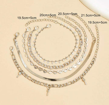 5pcs/Set Fashionable Heart Shaped Rhinestone Decor Key Charm Metal Chain Anklet Set For Women, Beach