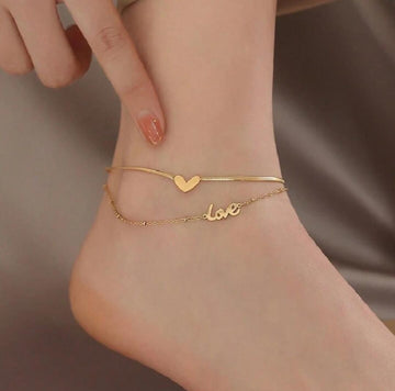 1pc Titanium Steel Gold Plated Double Layer Heart & Love Decor Chain Anklet