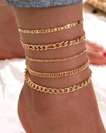 5pcs/Set Fashionable Simple Chain Design Beach Anklets, Suitable For Women's Daily Wear