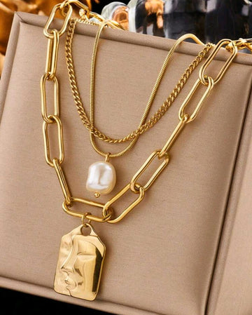 1 pc Three-Layer Vintage Fashionable and Unique High-End Multi-Layered Face Pendant Stainless Steel Necklace