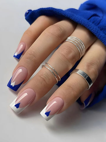 24pcs Square Short False Nails With Simple & Blue & French & Heart Design For Fashionable Party, Daily Wear