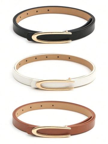 3pcs Women's Gold Tone Buckle Black/white/brown All-match Romantic Casual Thin Belt