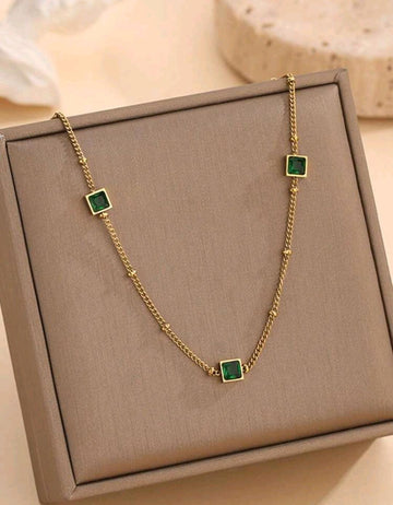 Stainless Steel Waterproof Gold & Green Cubic Zirconia Necklace, Bracelet, Earrings Set, Perfect For Women's Daily Wear