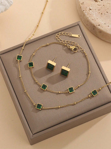 Stainless Steel Waterproof Gold & Green Cubic Zirconia Necklace, Bracelet, Earrings Set, Perfect For Women's Daily Wear