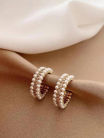 1pair Exquisite Zinc Alloy Rhinestone & Faux Pearl Decor Cuff Hoop Earrings For Women For Daily Decoration