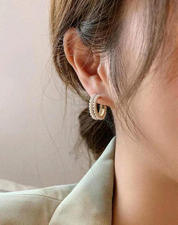 1pair Exquisite Zinc Alloy Rhinestone & Faux Pearl Decor Cuff Hoop Earrings For Women For Daily Decoration