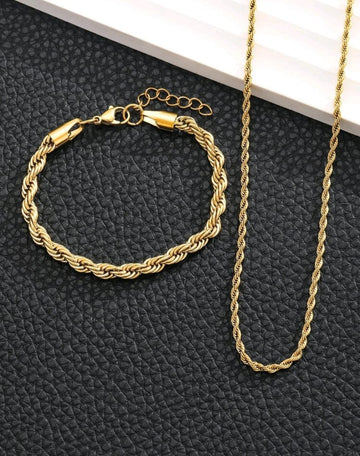 2 Pcs Men Minimalist Stainless Steel Twist Chain Necklace & Twist Chain Bracelet Set For Women For Fashion Street Jewelry