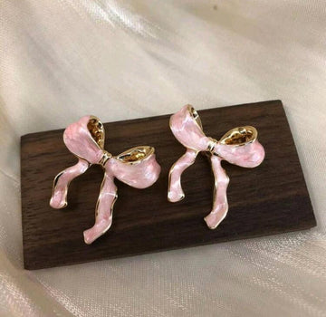 1pair Sweet And Romantic Enamel Pink Bowknot Earrings, Suitable For Women's Casual Wear, Festival Party Gifts And Decorative Earrings