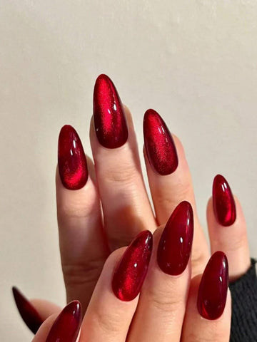 24pcs/Set Y2K Aesthetic Blood-Red Crystal Cat Eye Press On Nails Long Almond Red Cat Eye Acrylic False Nails,Contain 1pc Jelly Glue And 1pc Nail File,Suitable For Woman & Girl Daily Wear Rave Party Use Nail Supplies