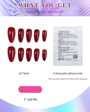 24pcs/Set Y2K Aesthetic Blood-Red Crystal Cat Eye Press On Nails Long Almond Red Cat Eye Acrylic False Nails,Contain 1pc Jelly Glue And 1pc Nail File,Suitable For Woman & Girl Daily Wear Rave Party Use Nail Supplies