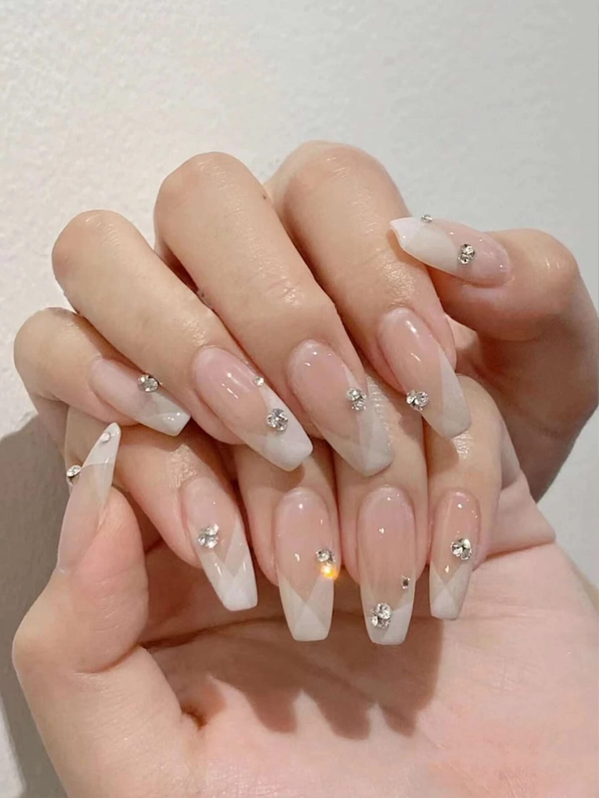 Upgrade Your Look With 24pcs Long Coffin White French Jelly Rhinestone Decor Fake Nail & 1pc Nail File & 1sheet Nail Tape Press On Nails Nail Supplie