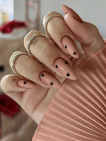 24pcs Medium-Long Almond Shape Black, Coffe & Heart Decor Full Cover False Nails For Women And Girls Press On Nails Nail Supplies