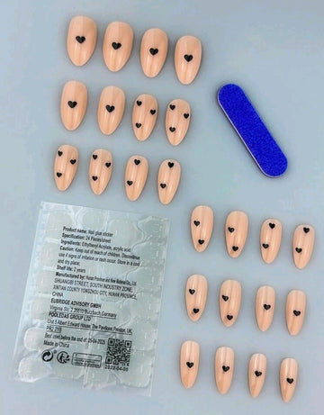 24pcs Medium-Long Almond Shape Black, Coffe & Heart Decor Full Cover False Nails For Women And Girls Press On Nails Nail Supplies