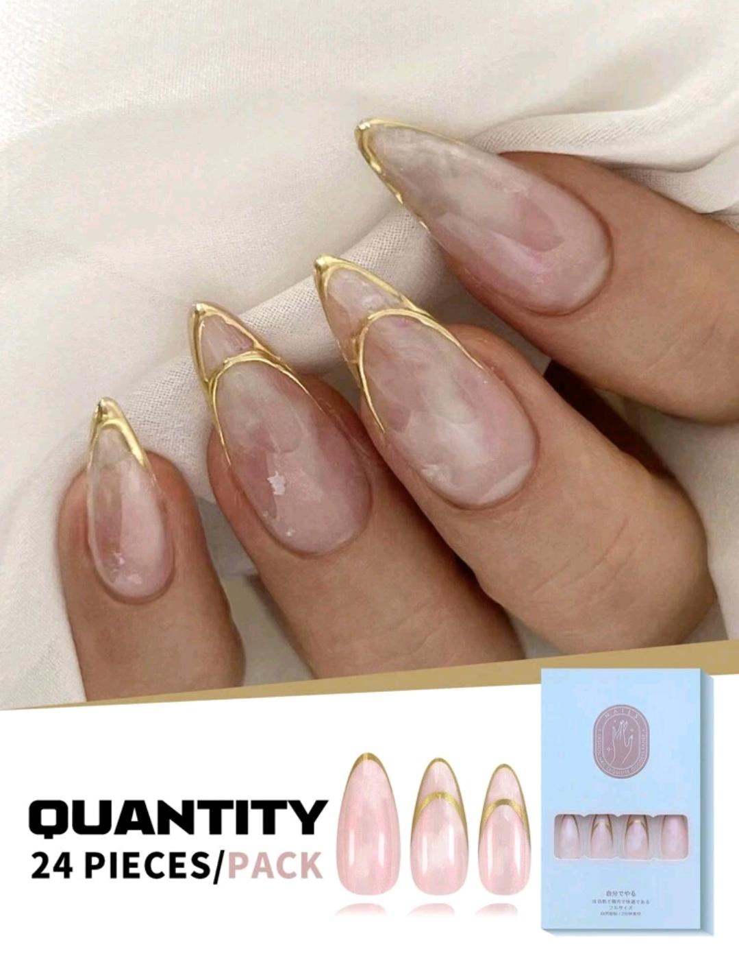 24pcs Medium Almond Shaped Nails With Hollowed-Out Golden Edge, French Marble Pattern Gradient, Including One Nail Jelly And One Nail File, Suitable For Women And Girls, For Party, Dance, Daily Wear. Press On Nails Nail Supplies