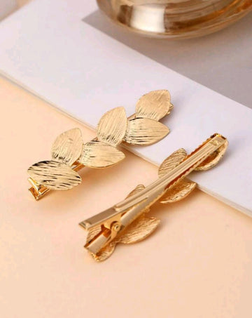 2pcs/Set Minimalist Metallic Hair Clips With Wire Drawing Stripes, Geometric Shape And Leaf Design Royal