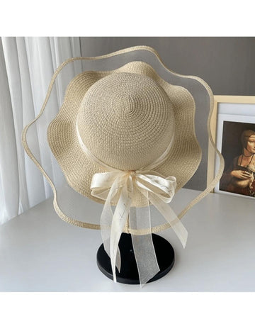 1pc Women Mesh Brim Wave Bowknot Ribbon Hat With Monochrome Dome Top And Sun Protection For Beach