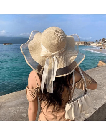 1pc Women Mesh Brim Wave Bowknot Ribbon Hat With Monochrome Dome Top And Sun Protection For Beach