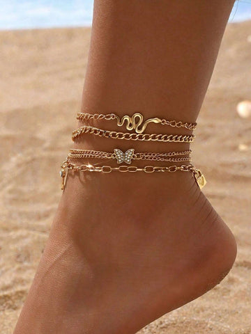 4pcs/Set Beach Style Key & Lock, Rhinestone Butterfly, Snake Chain Anklet Set For Women's Daily Wear