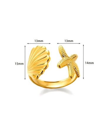 1pc Bohemian Beach Resort Style Stainless Steel Starfish And Shell Adjustable Ring